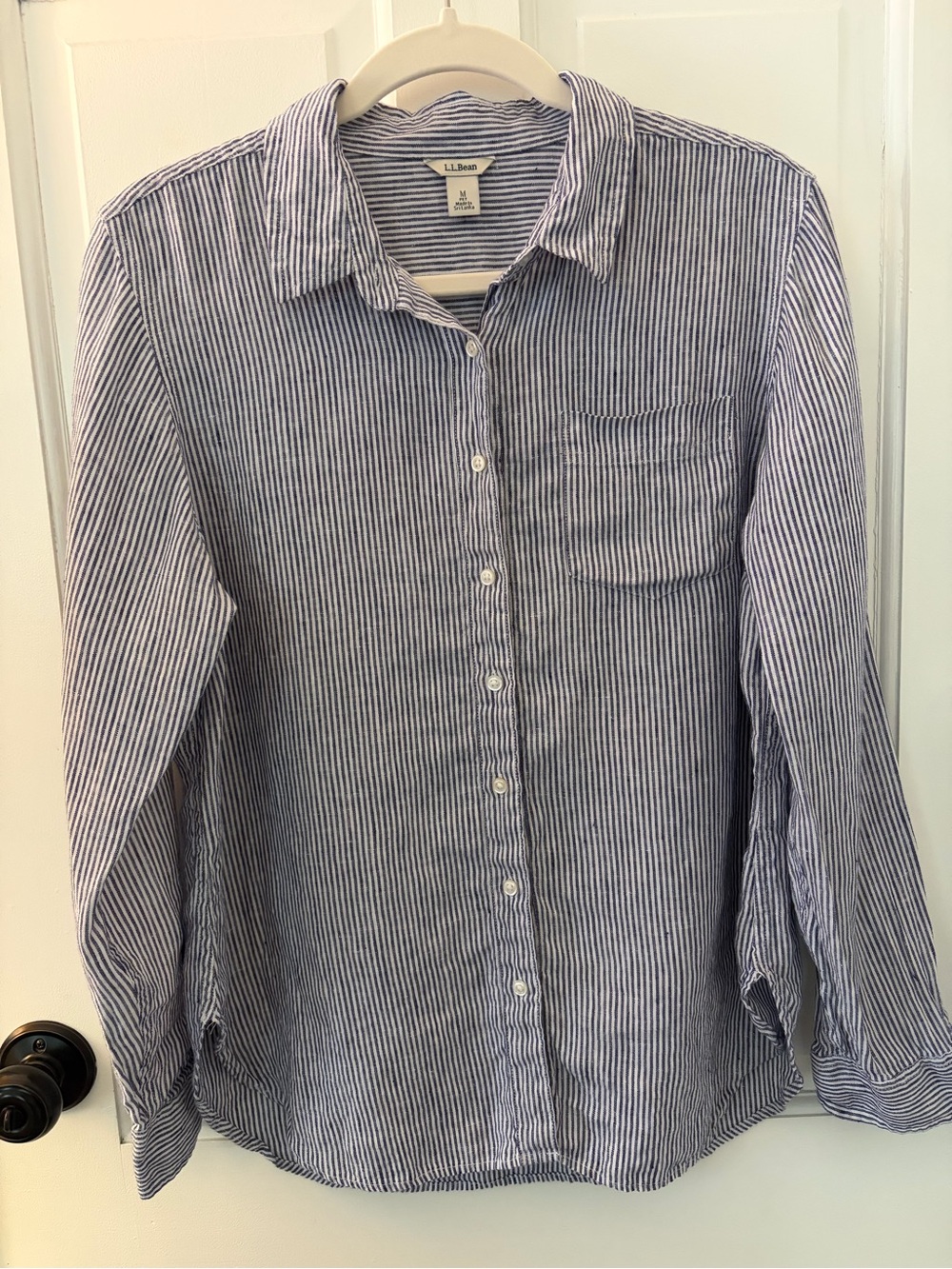 L.L. Bean washable 100% linen women’s dress shirt, blue tunic stripe coastal